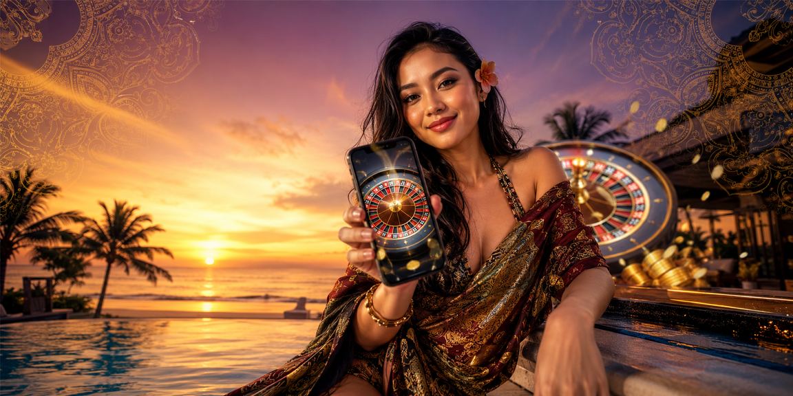 Meja roulette kasino di tepi pantai dengan suasana malam yang meriah