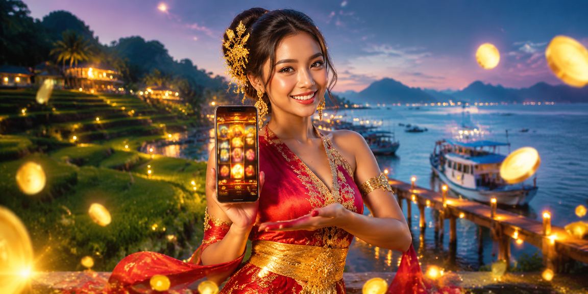 Suasana festival dengan tampilan game slot berwarna-warni di layar smartphone