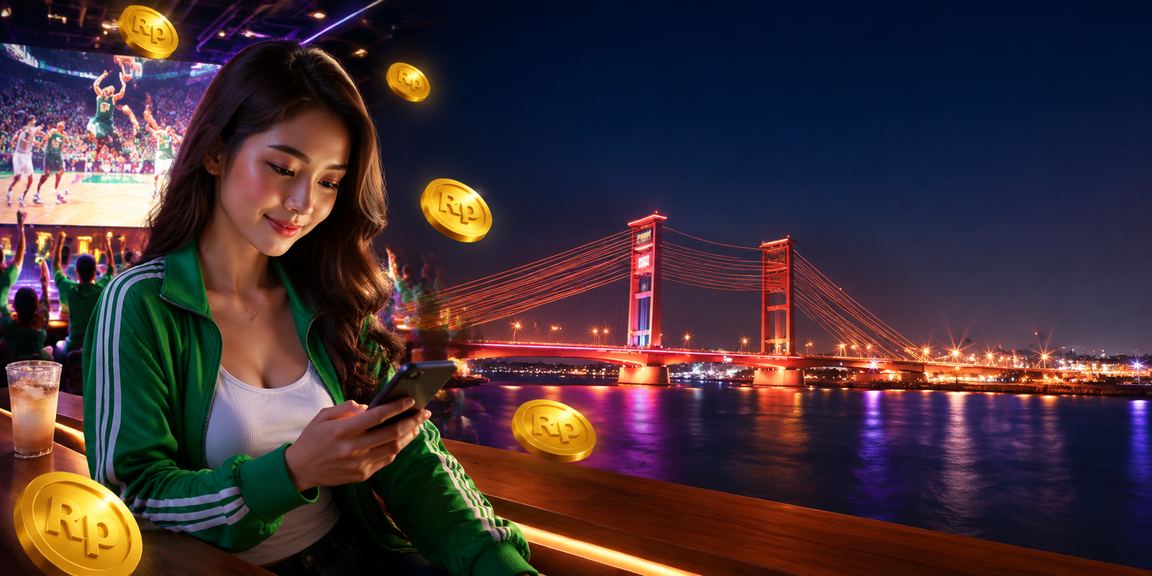 Model memperlihatkan taruhan basket di smartphone dengan antarmuka bahasa Indonesia
